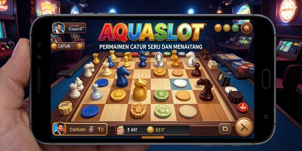 Screenshot AQUASLOT menampilkan papan catur yang menarik dan interaksi pengguna yang intuitif.
