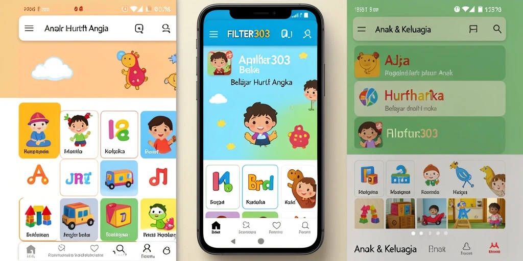 Tampilan antarmuka FILTER303 yang menarik dan interaktif untuk belajar huruf dan angka.