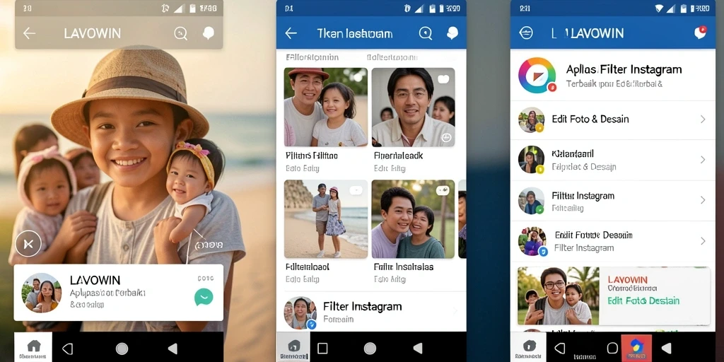 Antarmuka aplikasi LAVOWIN dengan berbagai pilihan filter Instagram.